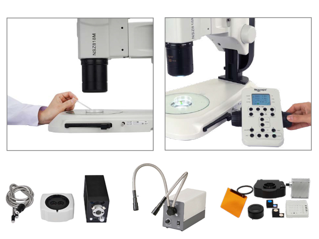 耐可視體視顯微鏡NSZ818附件選擇多樣，可選配明場、暗場、熒光、OIC 照明、同軸照明等多種觀察附件