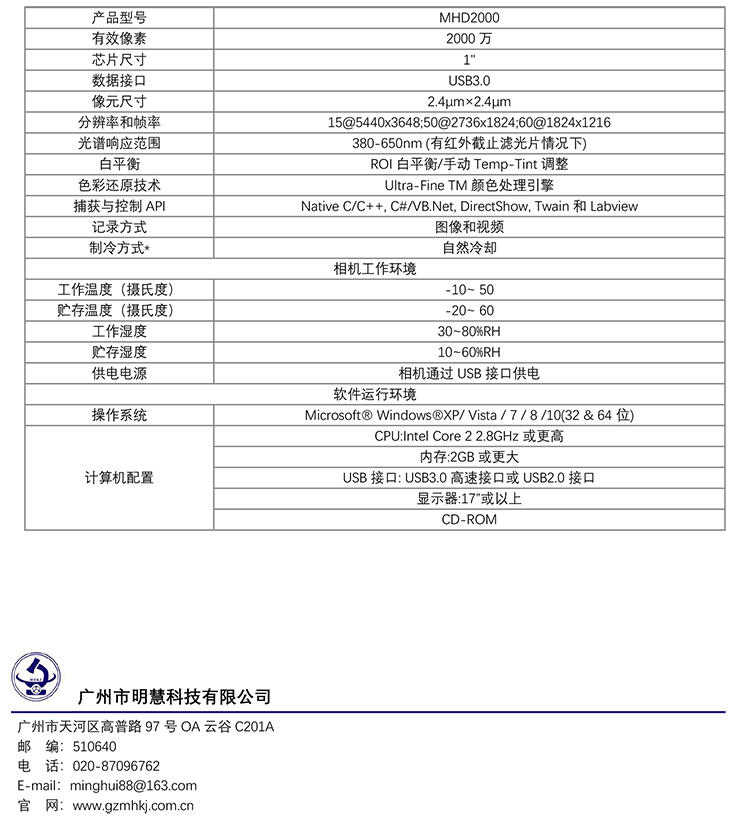 背照式科学级显微镜摄像头CMOS相机MHD2000-广州明慧